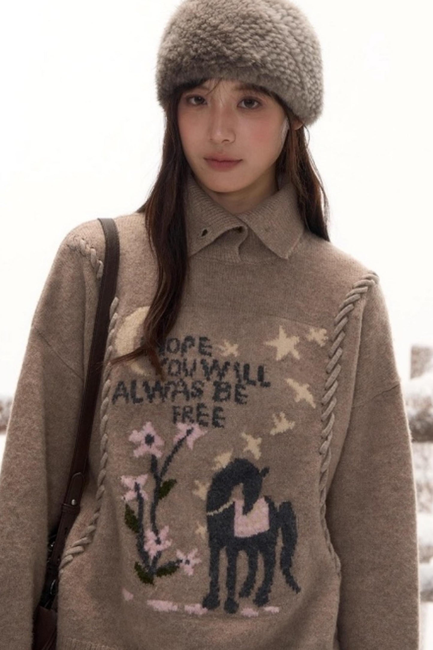 Pony Lapel Collar Knit Top