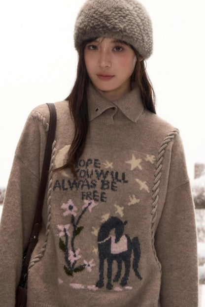 Pony Lapel Collar Knit Top