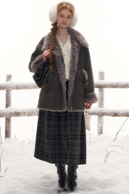 Reversible suede stand collar fur coat