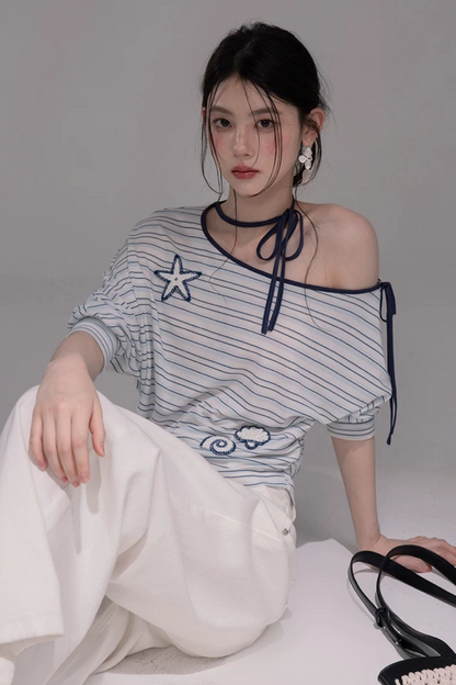 オフショルリボンスターフィッシュストライプTシャツ