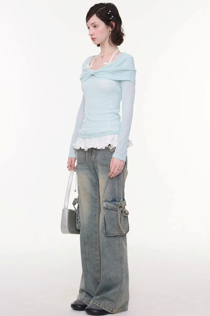 Ribbon Osh Pocket Flare Denim Pants