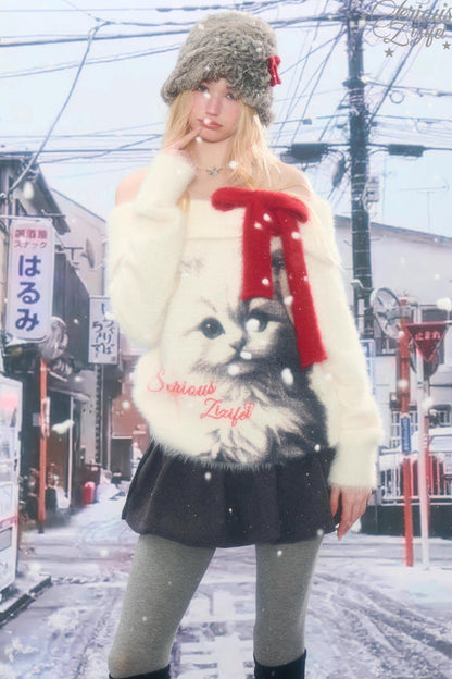 キャットプリントオフショルダーセーター