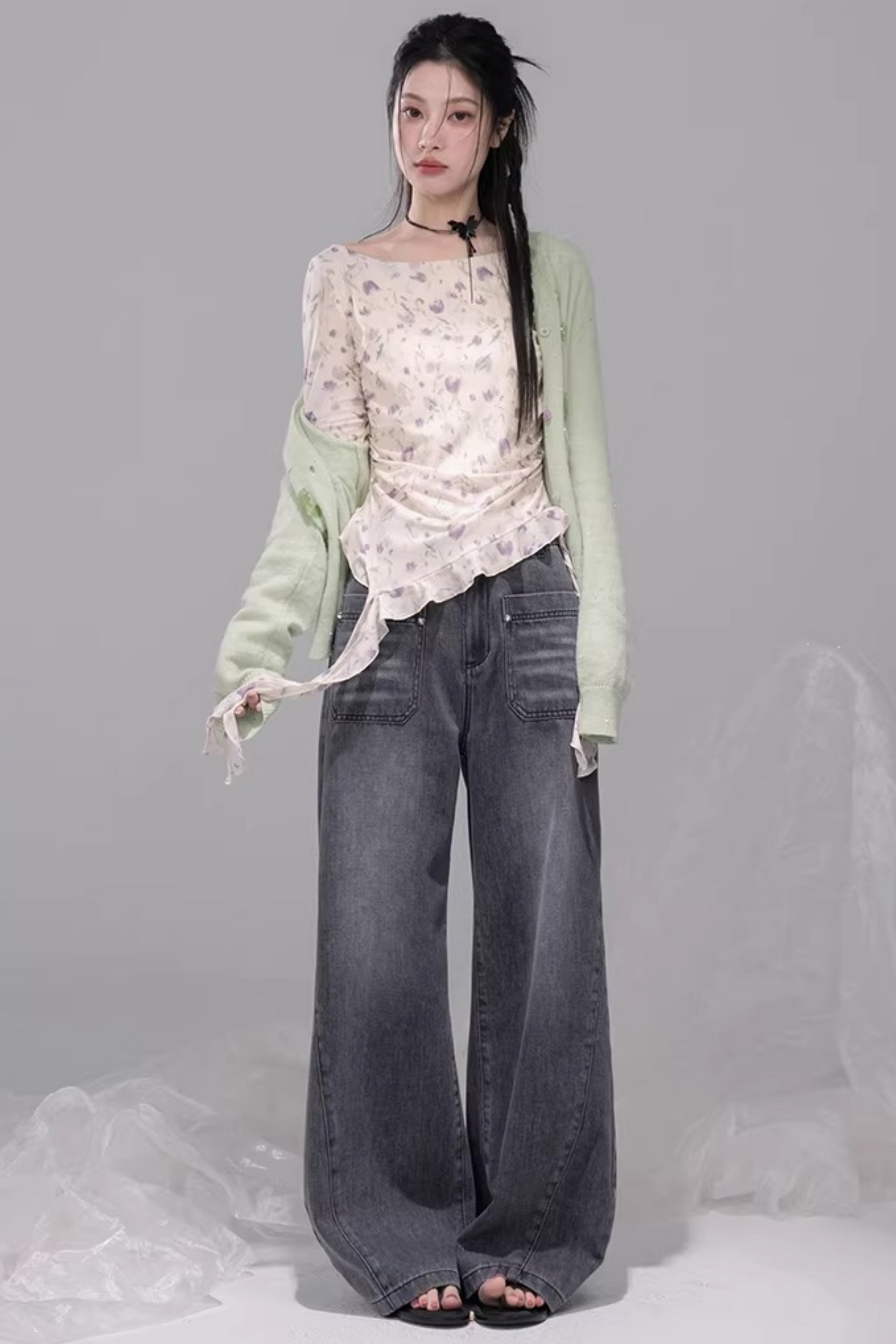 シアーアシメフローラルトップス