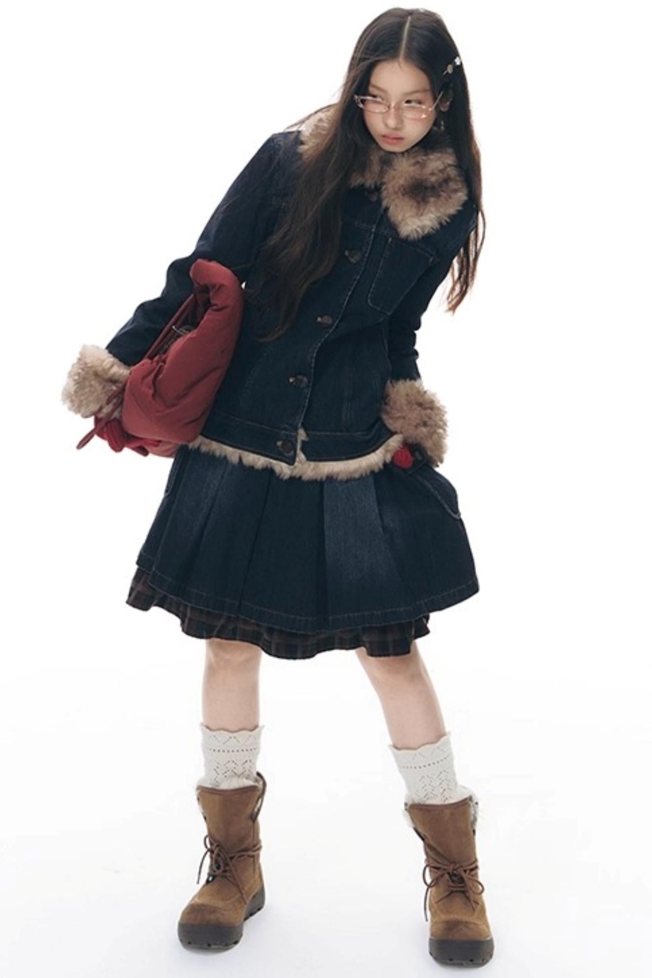 ファーカラーデニムジャケット+スカート