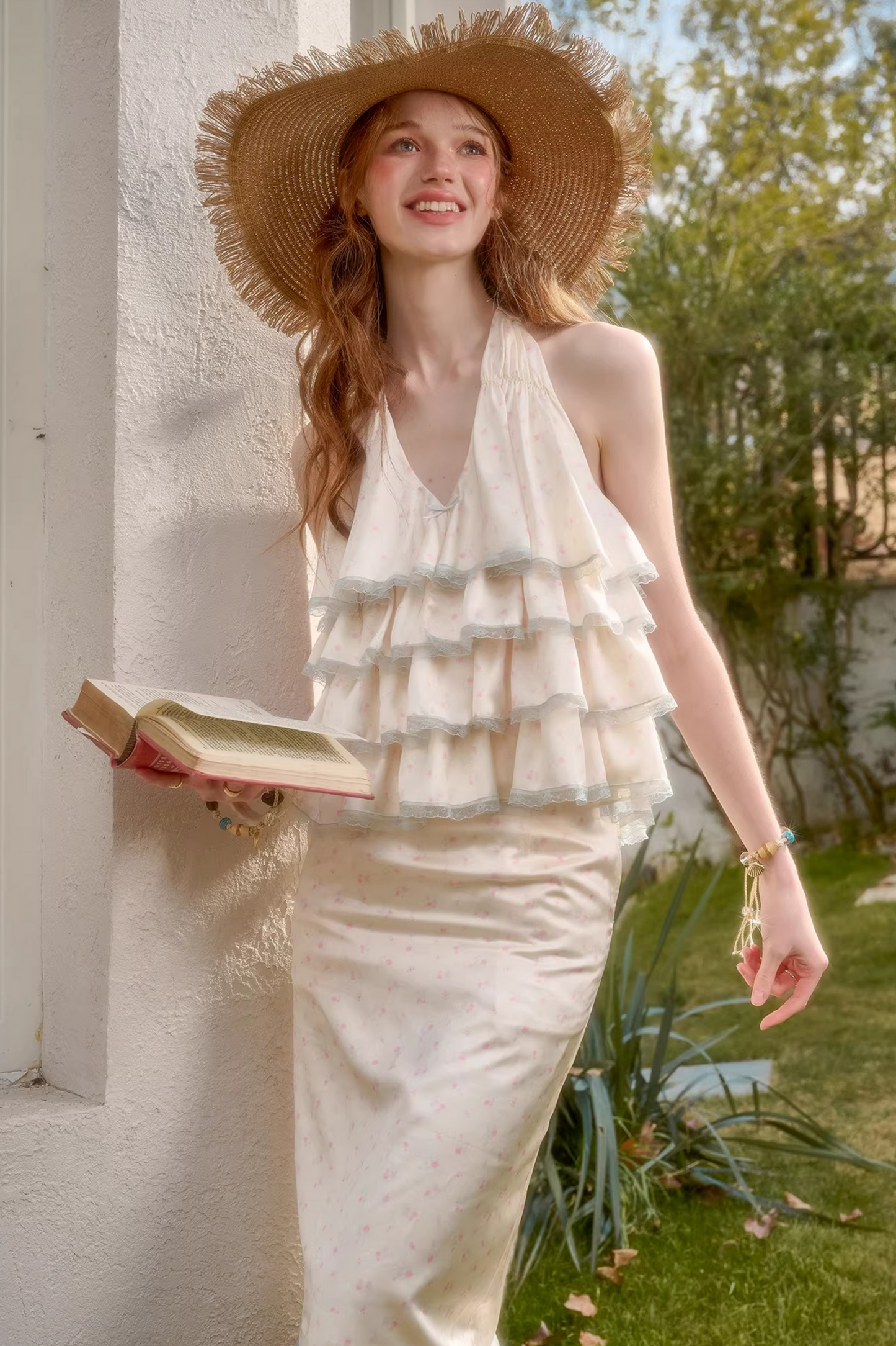 Lemon Floral Satin Lace Top + Skirt