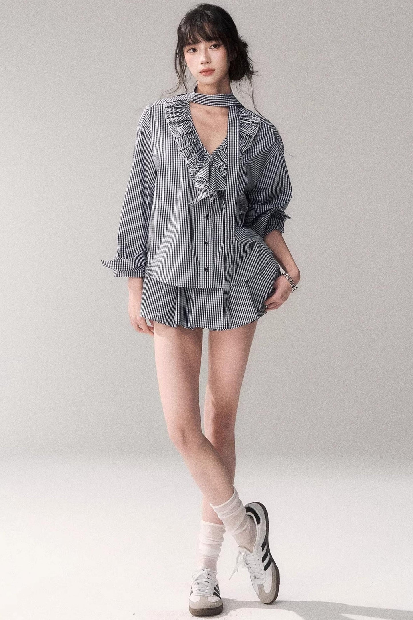 Blue Plaid Lace Blouse + Skirt