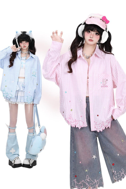 Cute Cat Embroidered Blouse