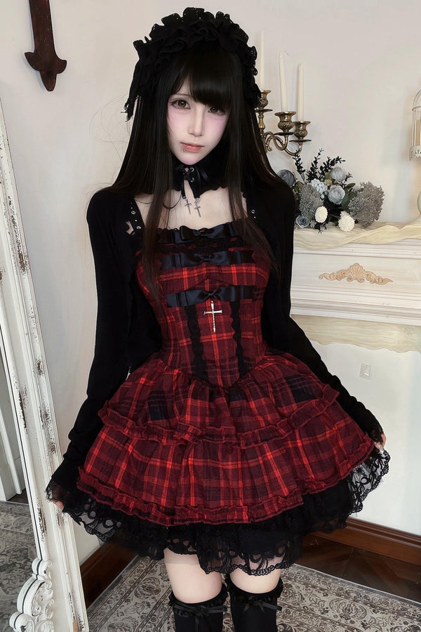 black dress with red accessories Gothic Black and Red Dress + Cardigan + Accessories – Belchic