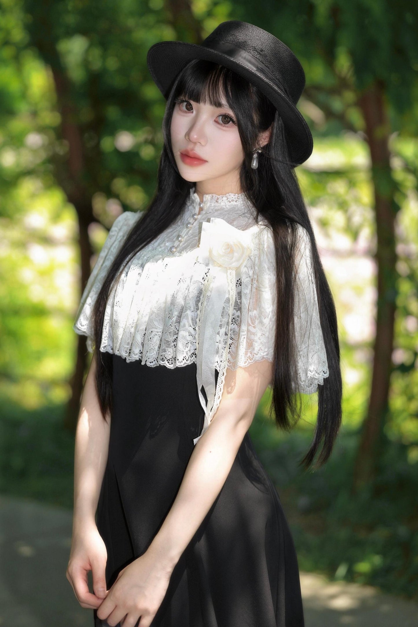 Elegantes langes Kleid mit Spitzenumhang