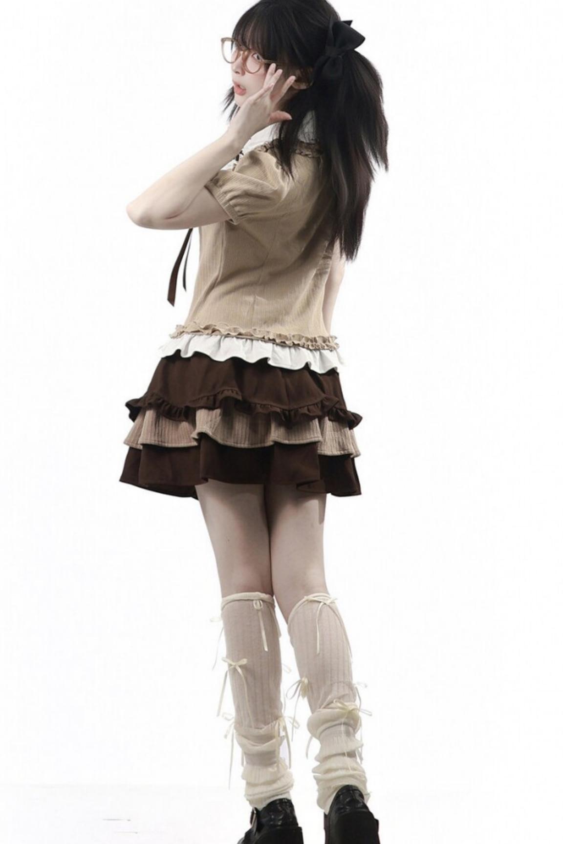 Rose Brown Lace Knit Top + Skirt