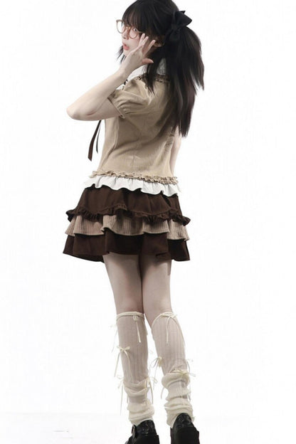 Rose Brown Lace Knit Top + Skirt