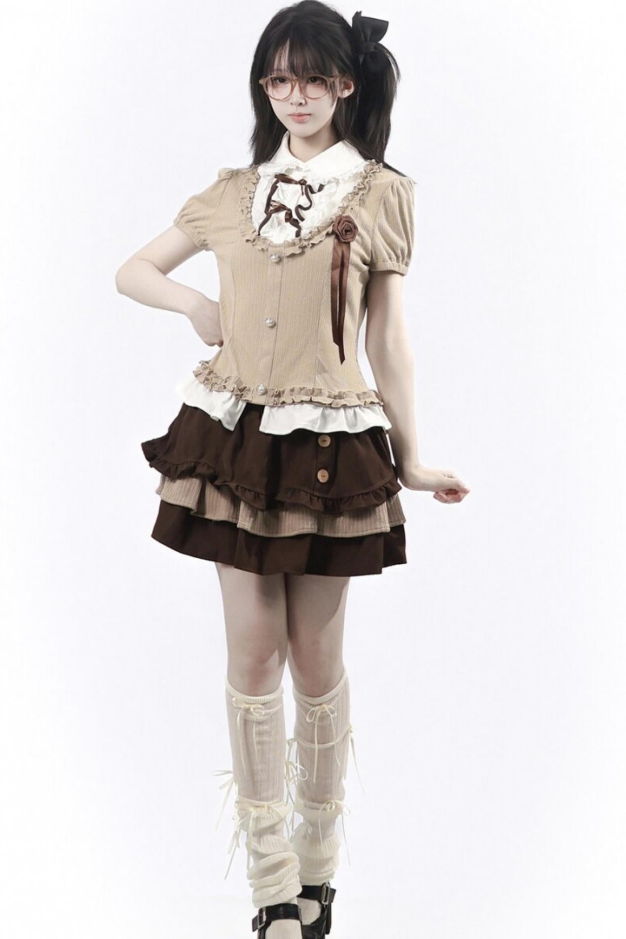 Rose Brown Lace Knit Top + Skirt