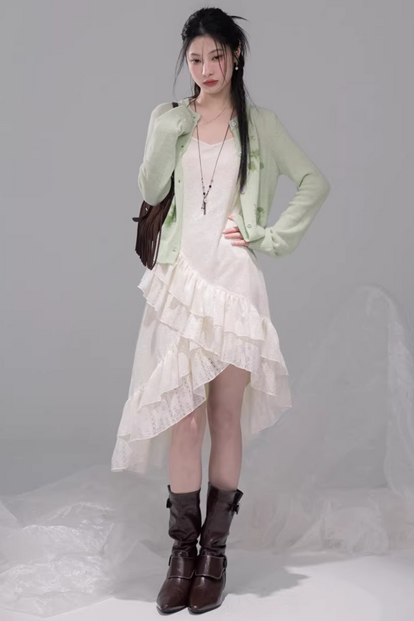 アシメレイヤーフリルキャミソールドレス+カーディガン