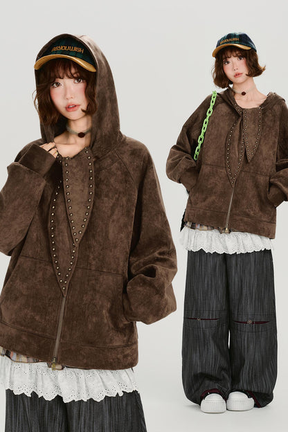 スエードレトロフーデッドジャケット