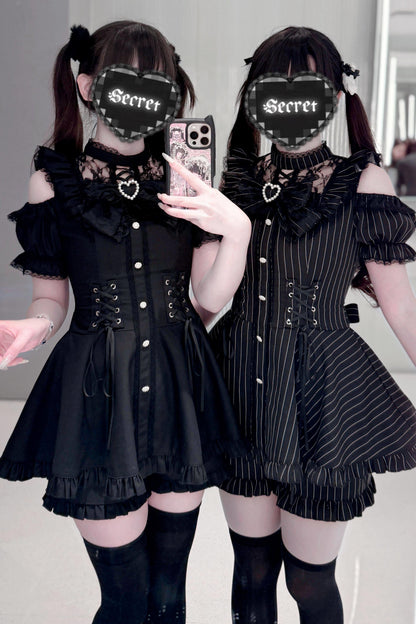 ブラック/ストライプゴシックレースリボンドレスセットアップ