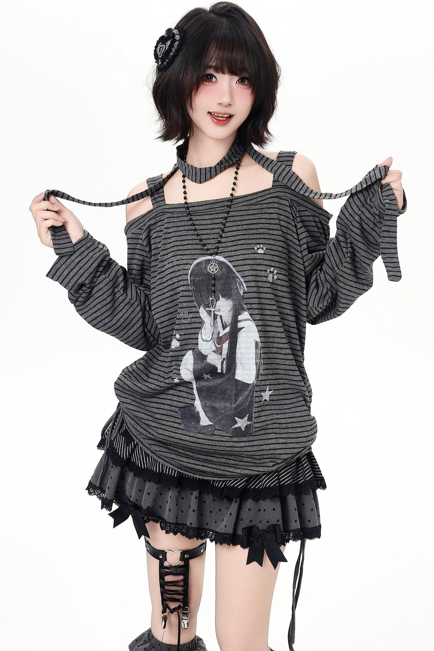 ストライプオフショルダードロストルーズロンT（ストール付き）