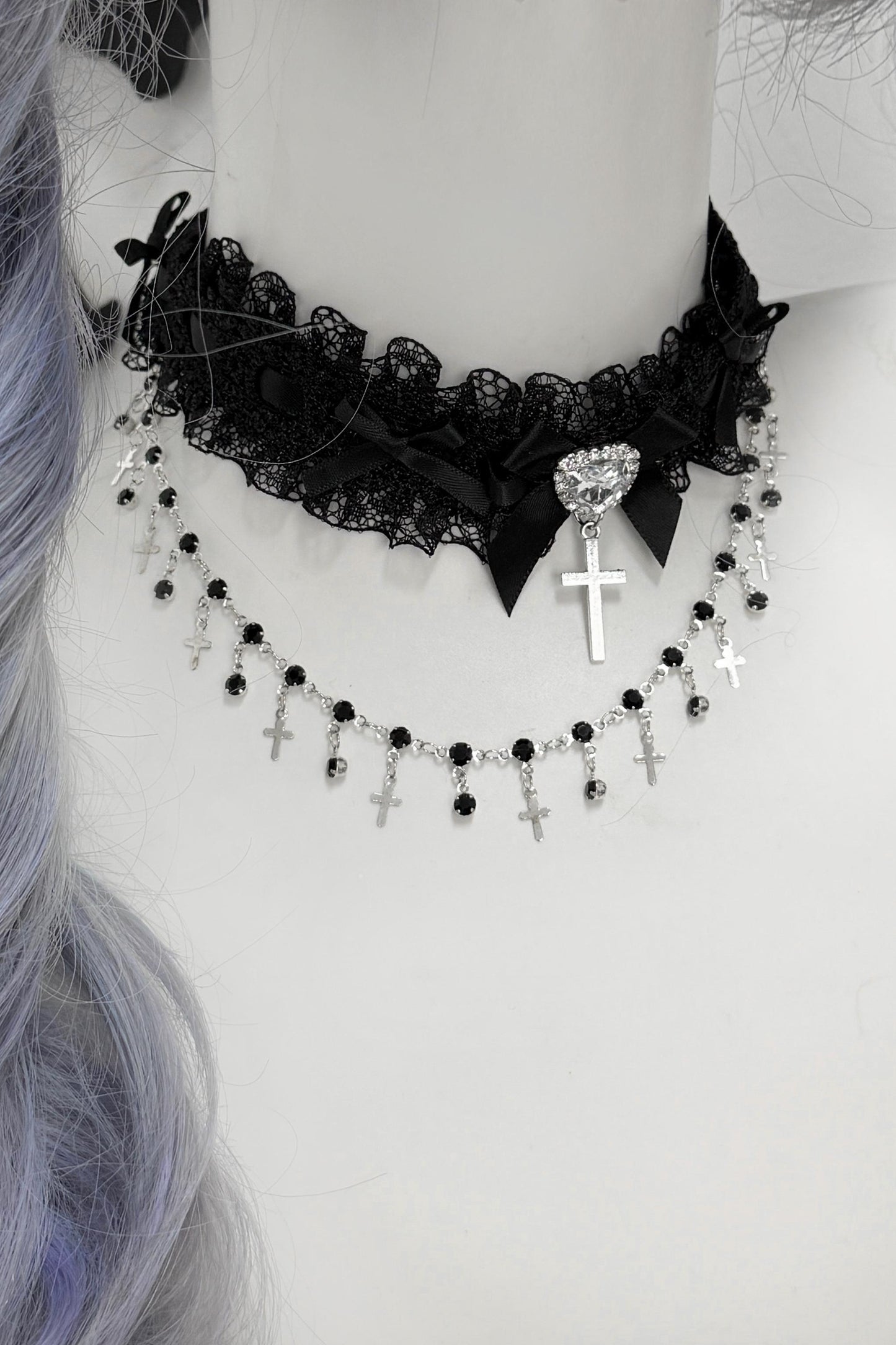 Lace Rhinestone Cross Heart Choker