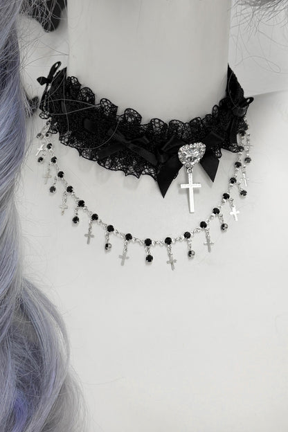 Lace Rhinestone Cross Heart Choker