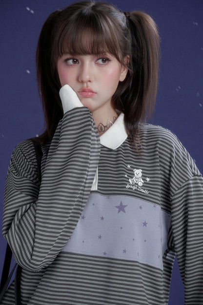 Gray and Purple Striped Polo Top