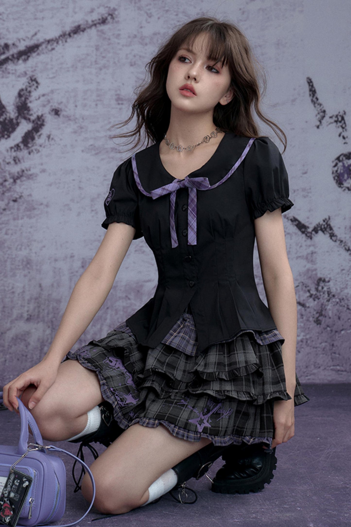 Black Purple Puff Sleeve Waist Shirt