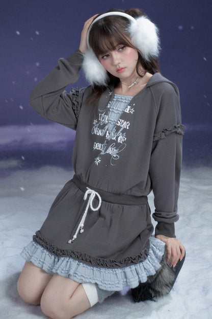 Gray-Blue Lace Hooded Dress
