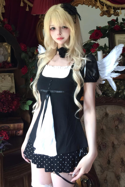 French Color Blocking A-Line Top + Skirt + Arm Sleeves