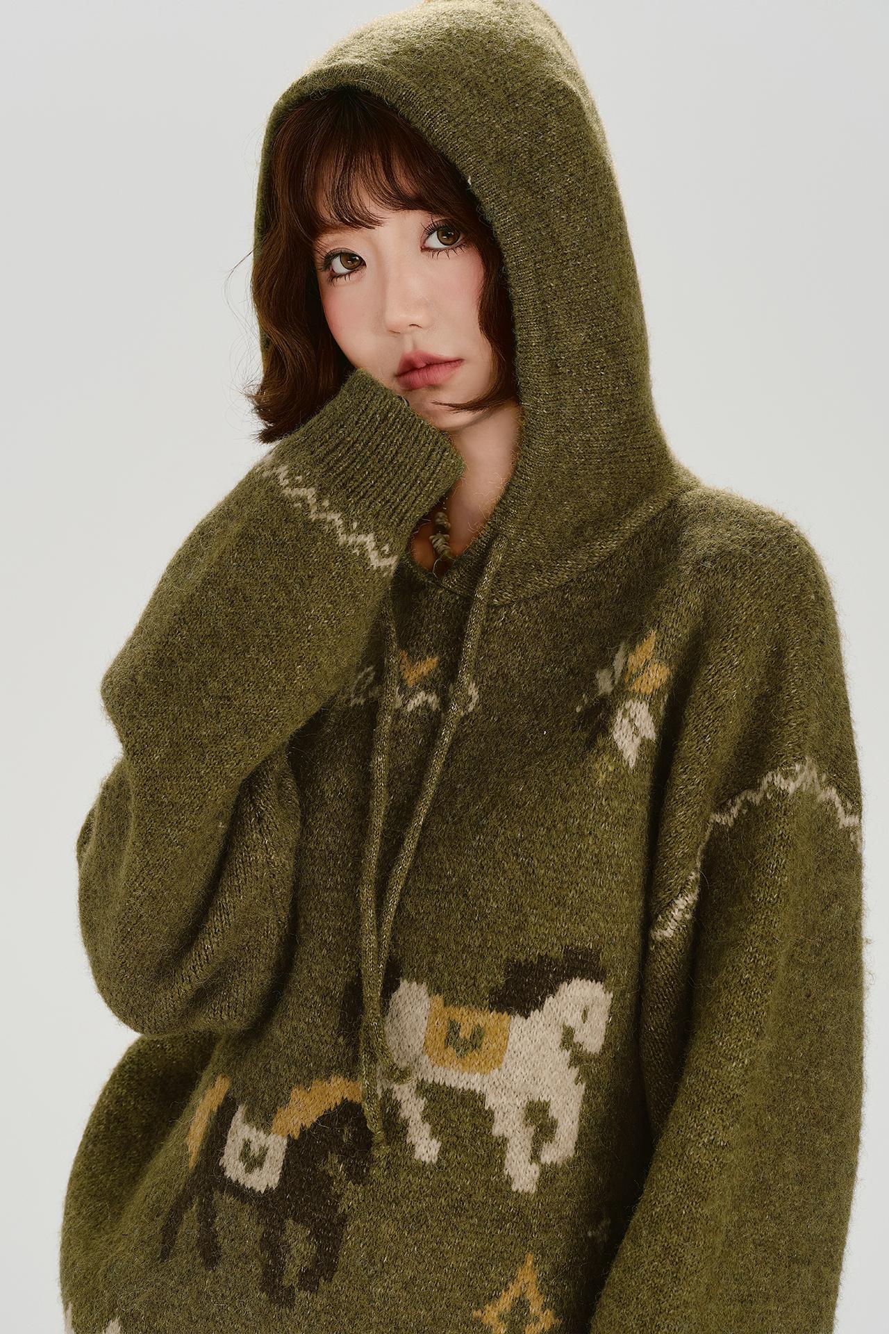 Retro Jacquard Hoodie Top