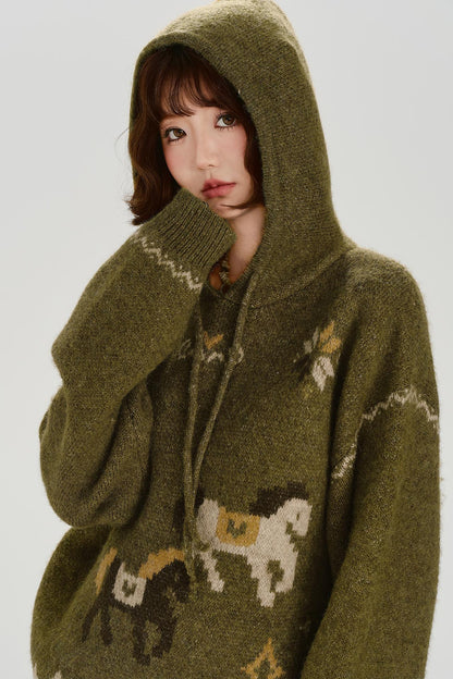 Retro Jacquard Hoodie Top