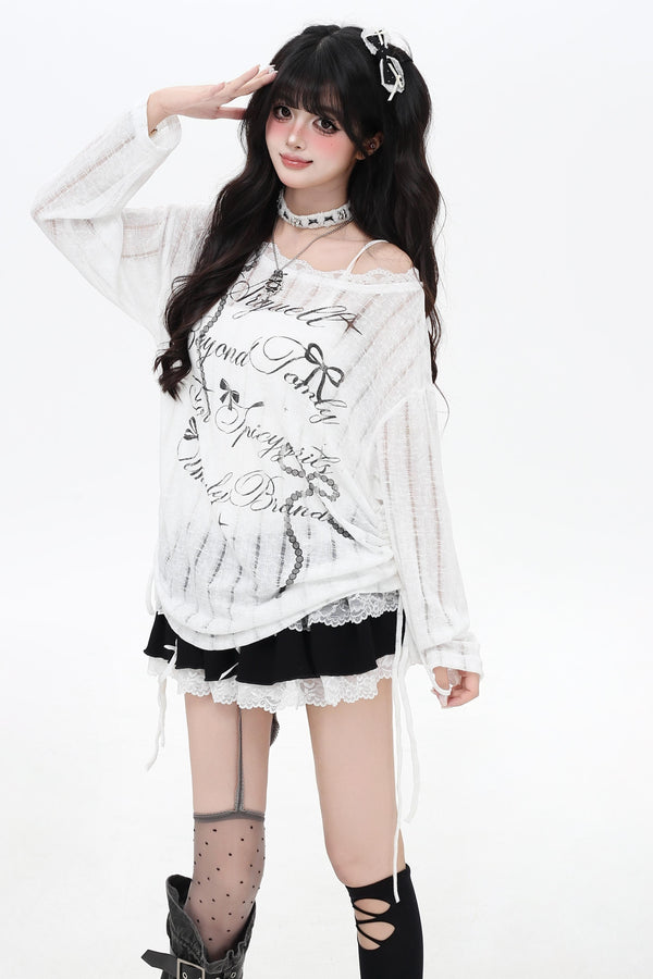 Chic ribbon sleeve T-shirt