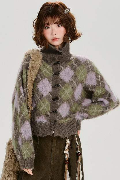 レトロチェックベルベットカーディガン