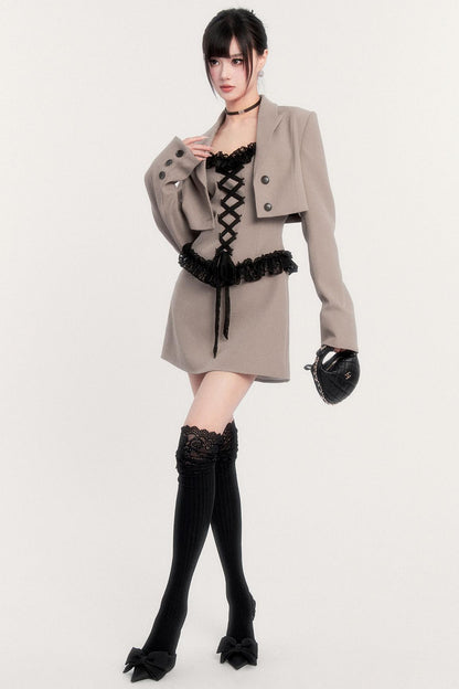 エレガントレースパッチワークドレス+ジャケット