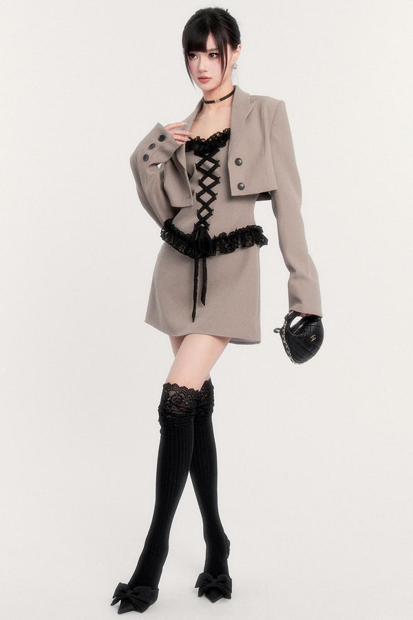 エレガントレースパッチワークドレス+ジャケット
