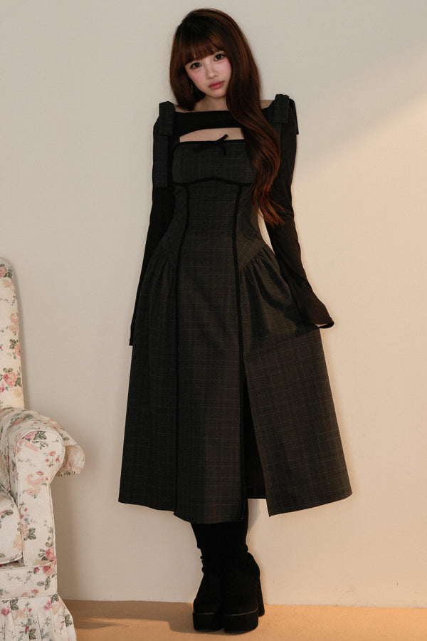 ブラックトップス＋リボンショルダーチェックJSKドレスセットアップ