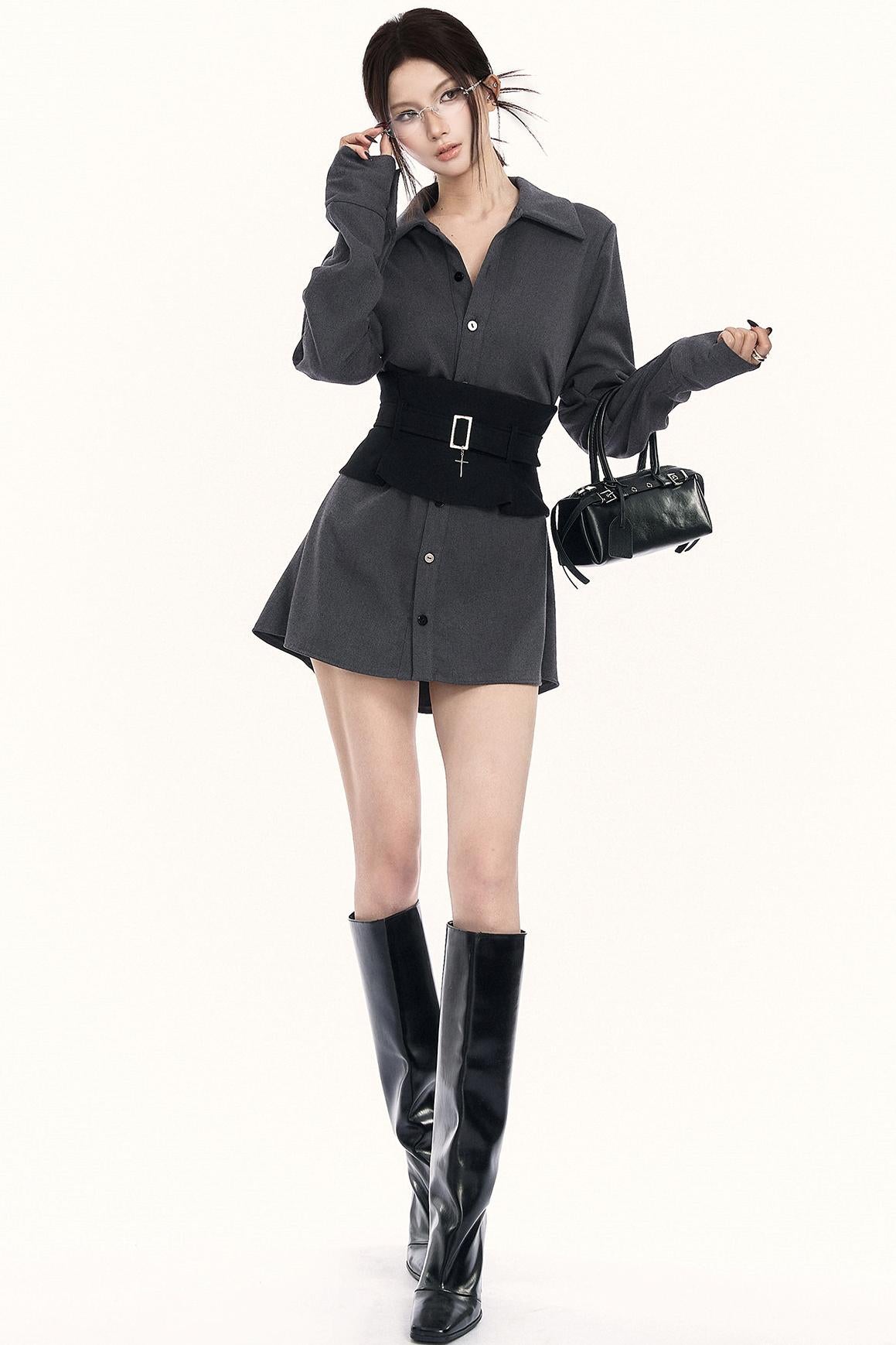 モードウエストマークレイヤードシャツ+ボトムス