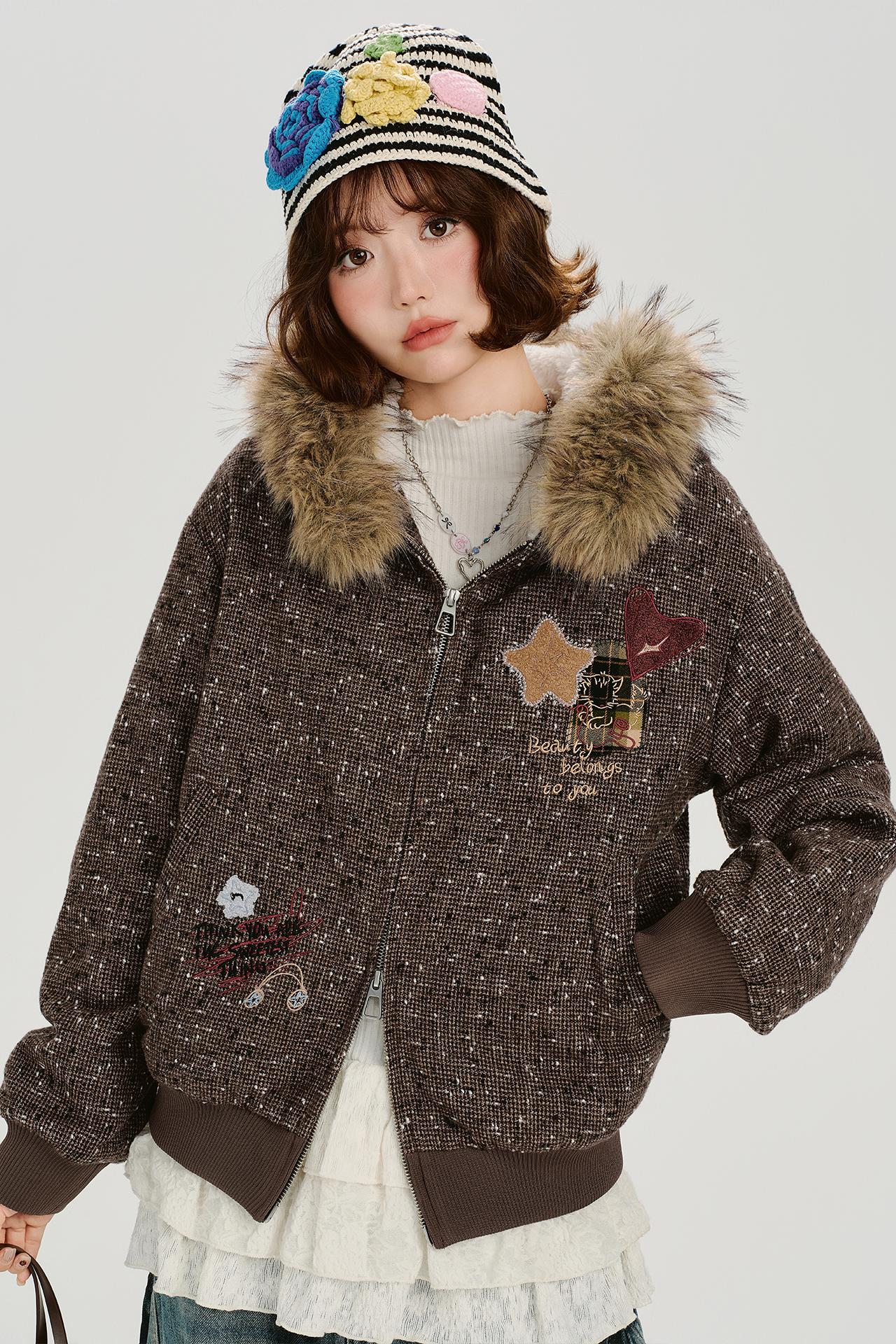 レトロファーカラーフーデッドジャケット