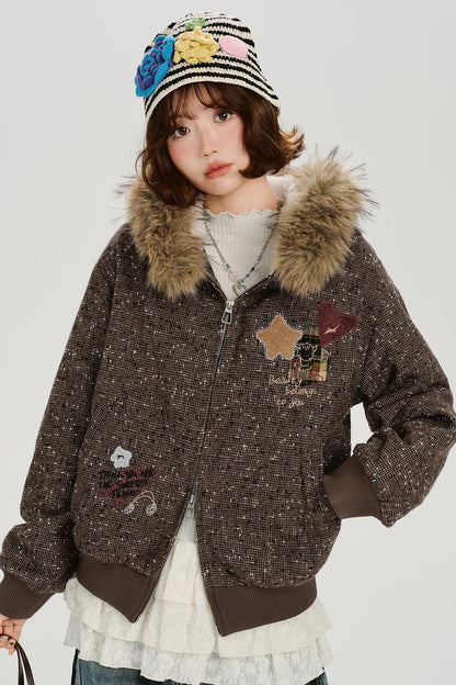 レトロファーカラーフーデッドジャケット