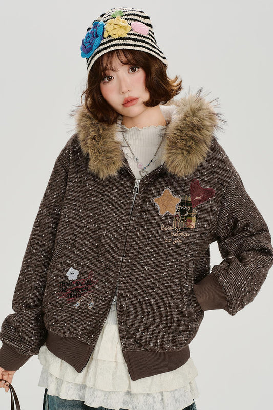 レトロファーカラーフーデッドジャケット