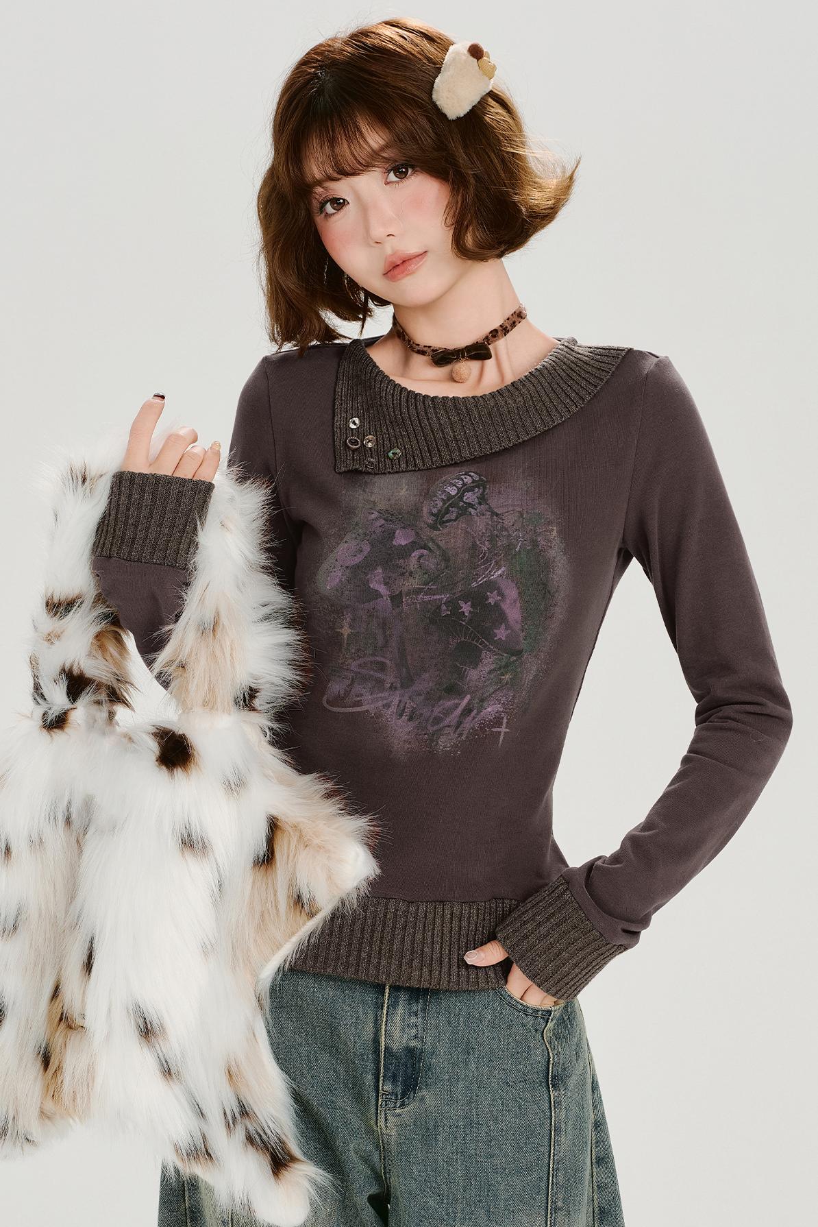 ブラウンレッドニットパッチワークトップ