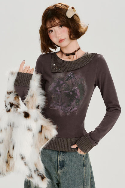 ブラウンレッドニットパッチワークトップ