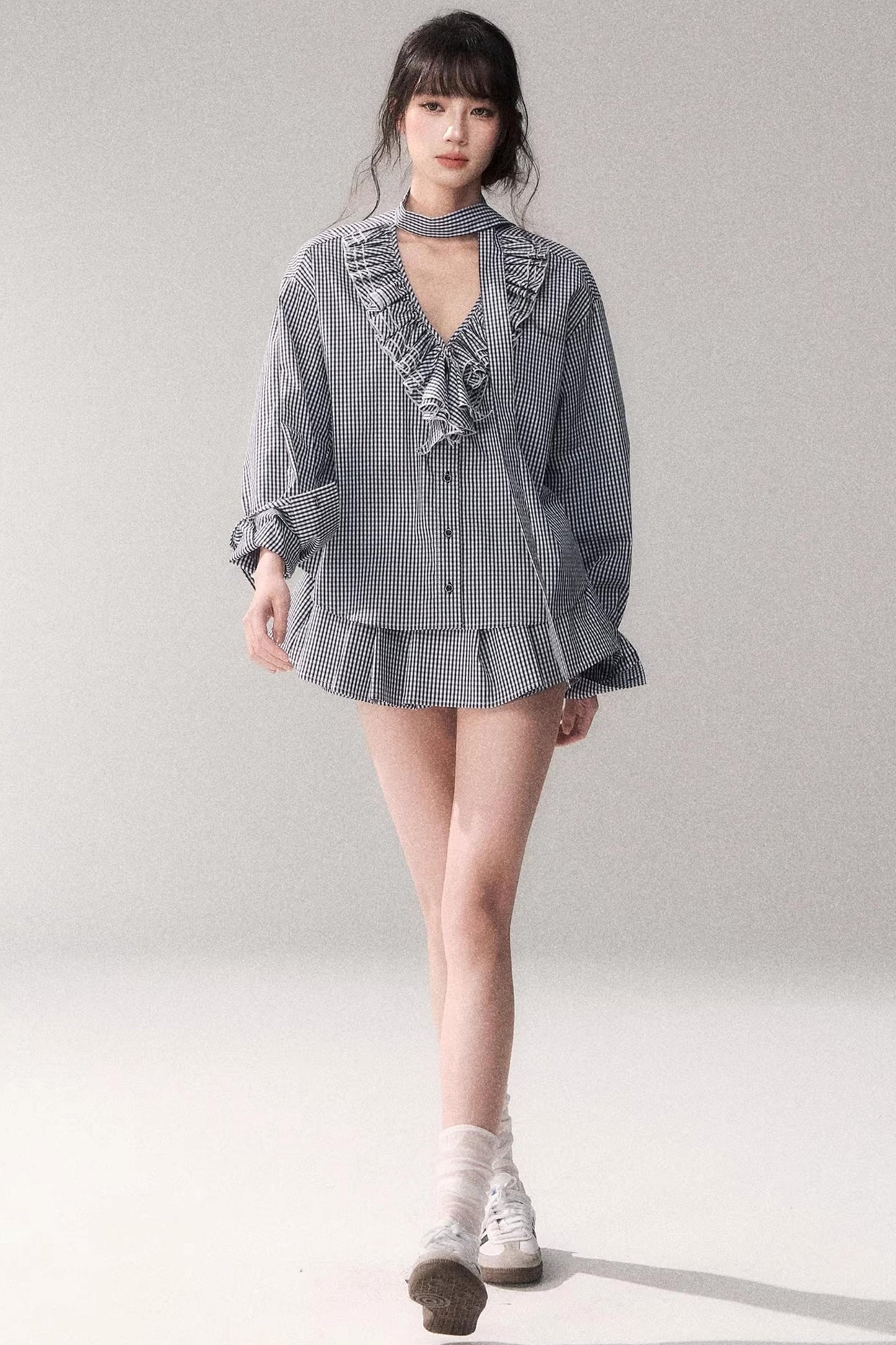 Blue Plaid Lace Blouse + Skirt