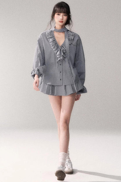 Blue Plaid Lace Blouse + Skirt