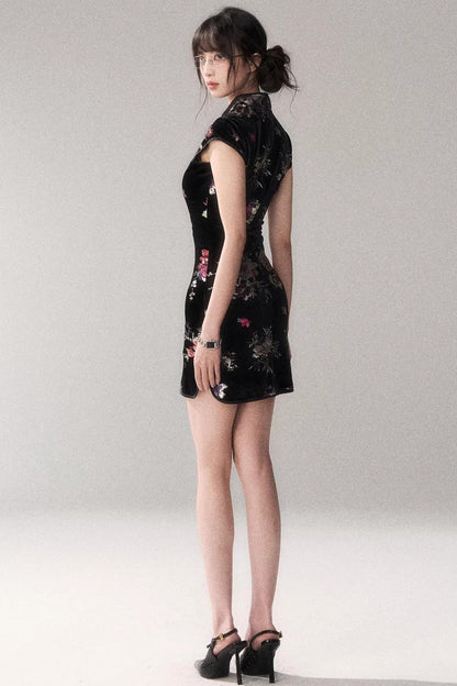 Gold Embellished Velvet Cheongsam Dress