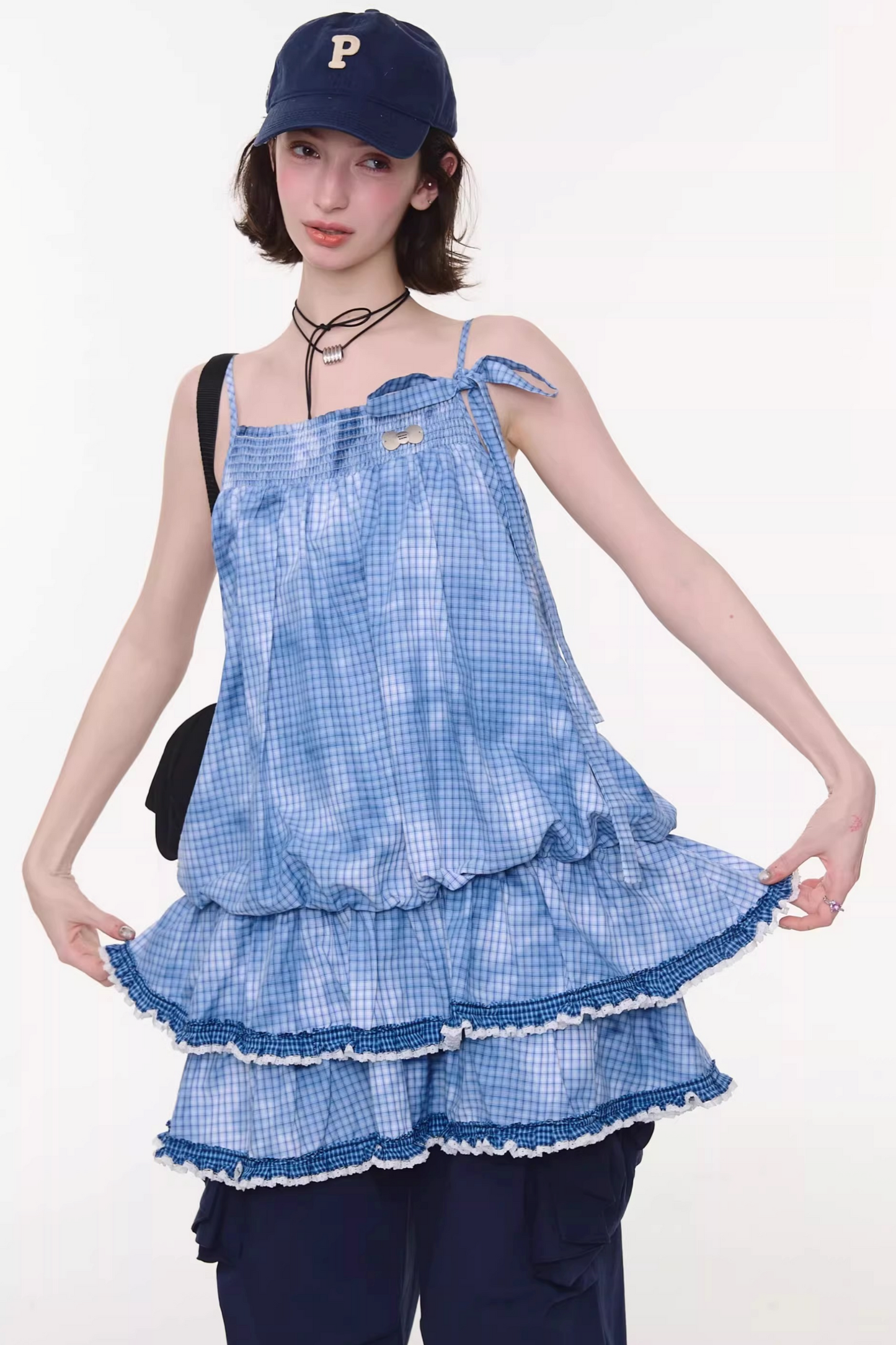 扎染蓝色格子蕾丝连衣裙