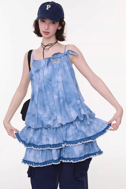 扎染蓝色格子蕾丝连衣裙