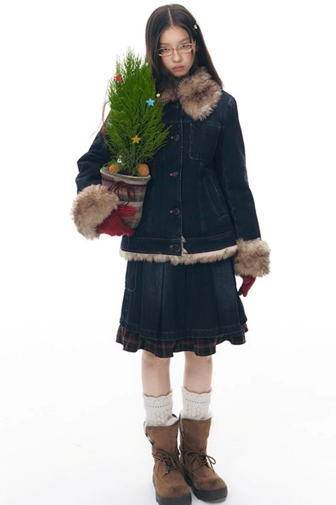 ファーカラーデニムジャケット+スカート