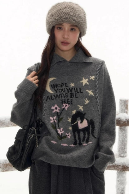 Pony Lapel Collar Knit Top