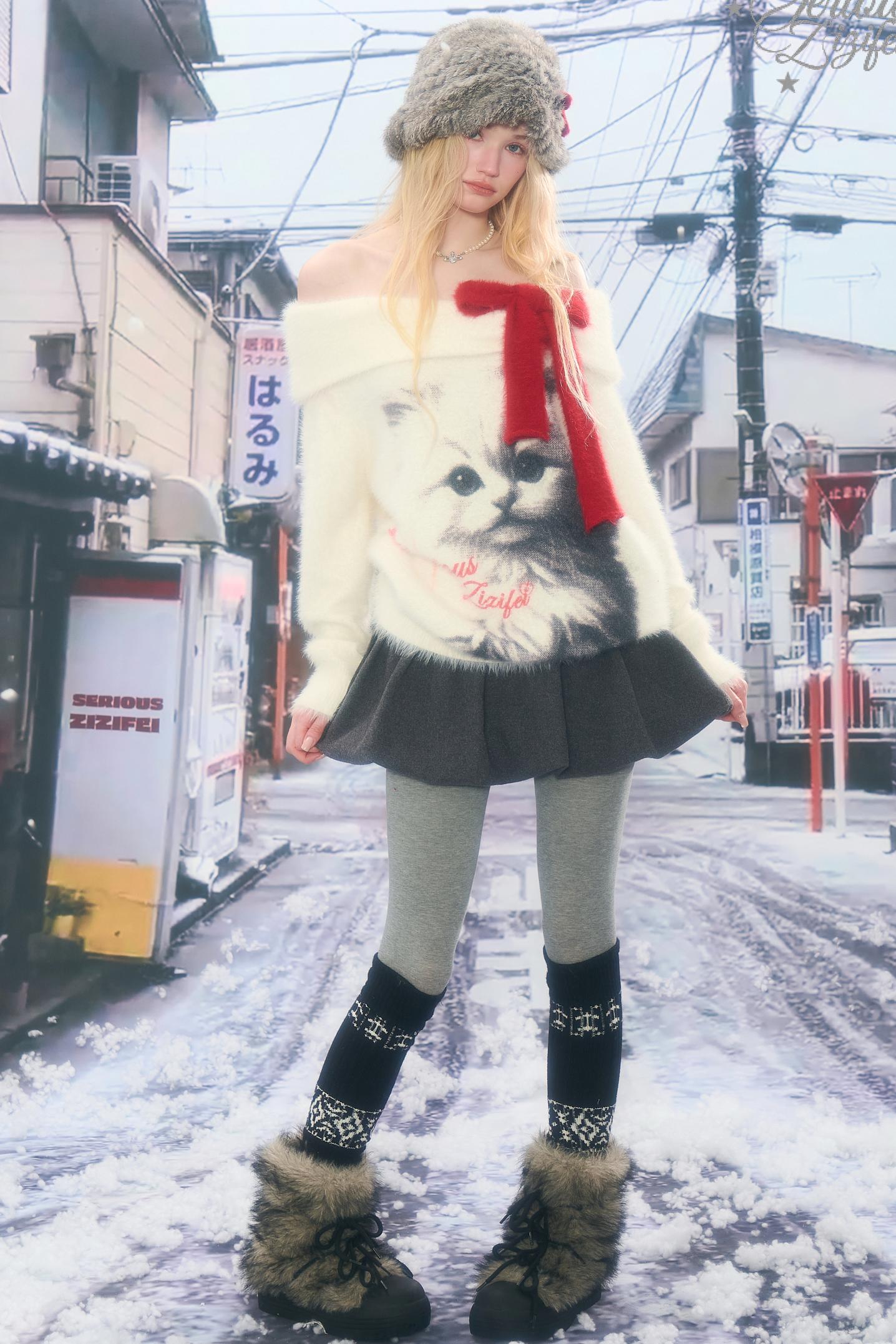 Cat print off-the-shoulder sweater