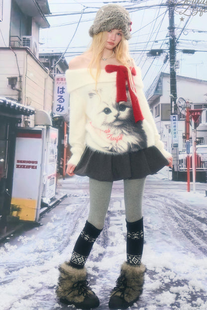 Cat print off-the-shoulder sweater