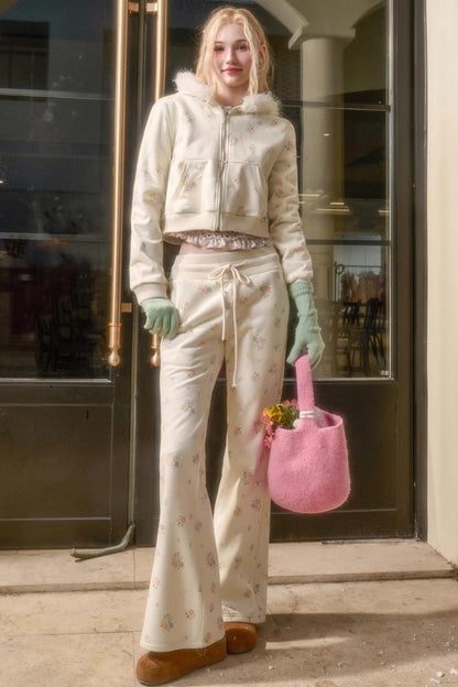 フローラルフラワーファーフードジャケット+ルーズコート+ロングパンツ