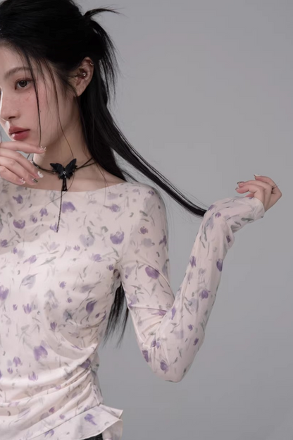 シアーアシメフローラルトップス